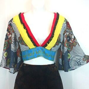 kimono sleeve boho Tribal cropped V-neck/back multicolored with Fringe top sz S